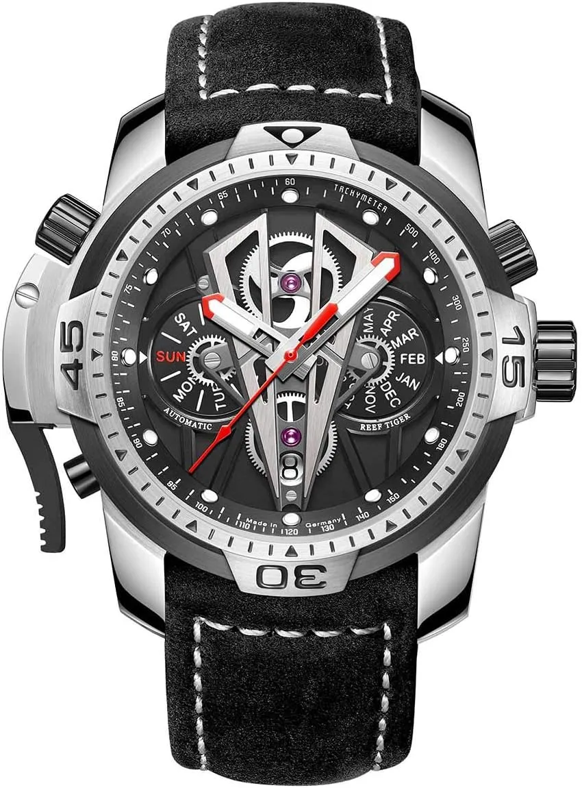 with Steel Black Dial Automatic Watch Calfskin Leather Strap RGA3591 REEF TIGER Mens Sport Mechanical geometrical prisoner yolk Watches 