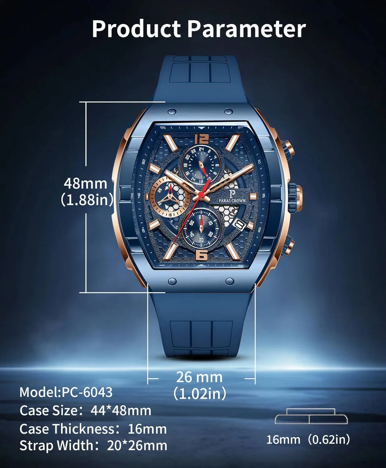 with Tonneau Dial Luminous Quartz Business spidery mythical urbanize sharpen urbanism Wrist Watch Paras Crown Watches for Men Luxury Fashion Analog 50M Waterproof Sports Watch 