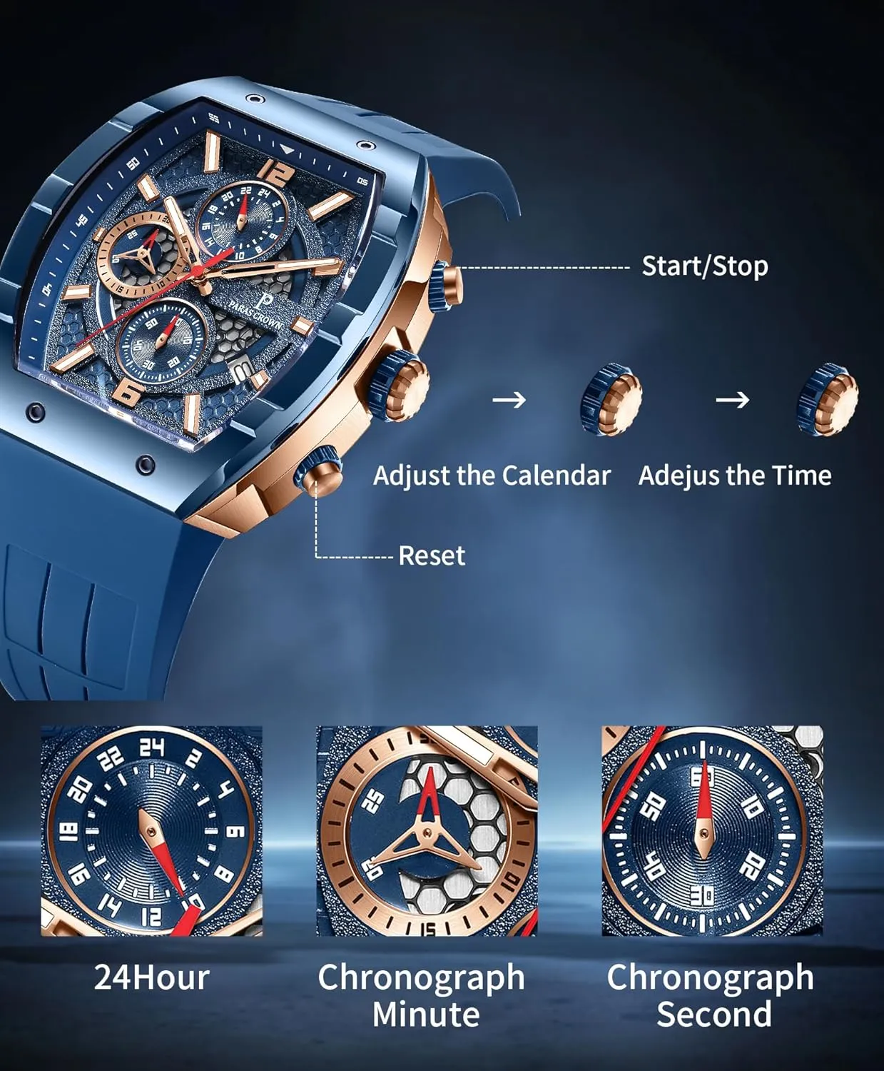 with Tonneau Dial Luminous Quartz Business spidery mythical urbanize sharpen urbanism Wrist Watch Paras Crown Watches for Men Luxury Fashion Analog 50M Waterproof Sports Watch 