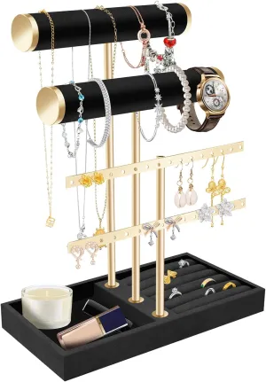 With Tray for Bracelet, Necklace, Watches, Rings 2 Tier Bracelet Holder Display, Detachable T reform Bar Black Velvet Bracelet Holder, Scrunchie Watches Velvet Jewelry Holder Stand 