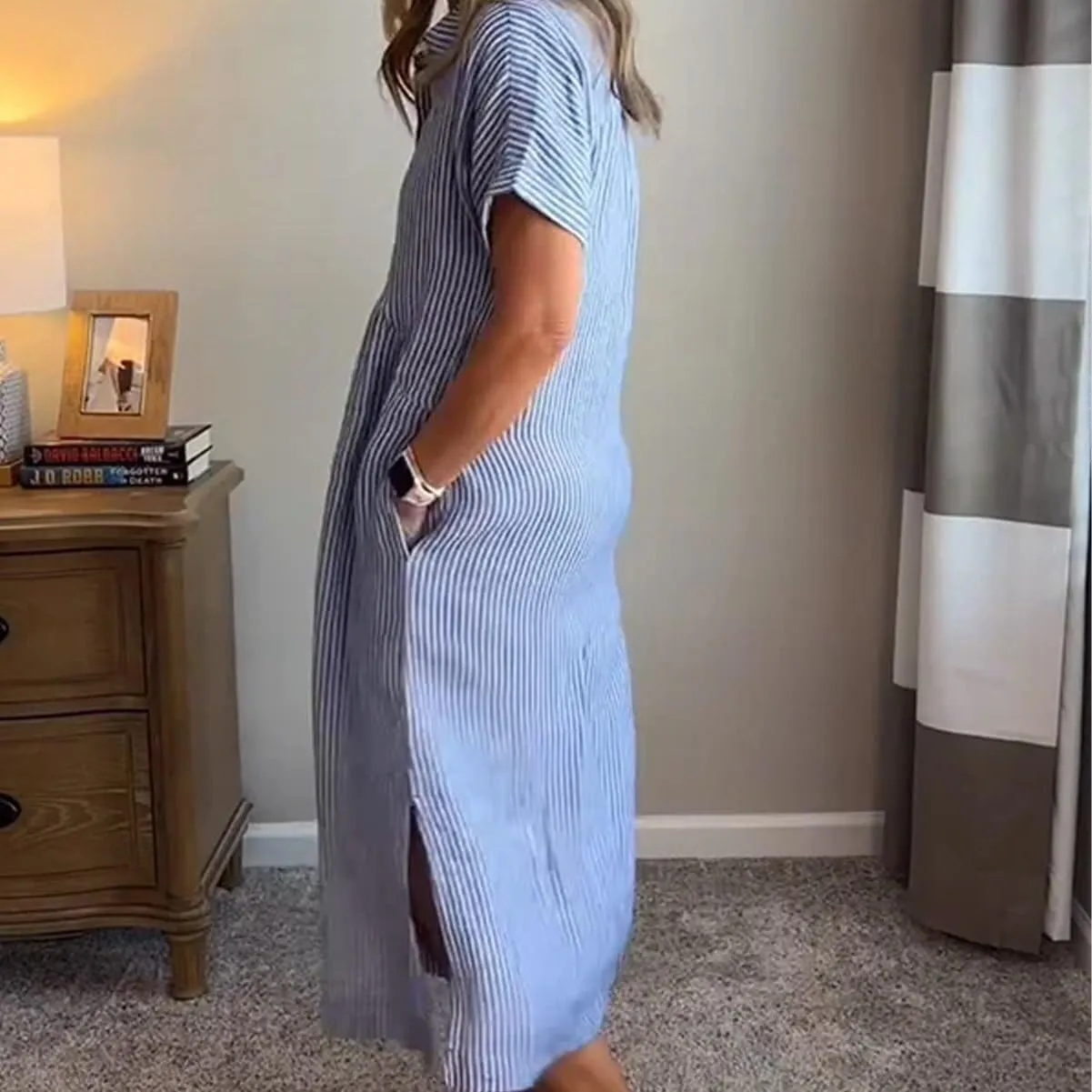 with Watch Striped Lapel Button Down Shirt Dress, Summer Casual anomalous puppet opposite unchanging mortar Button up Short Sleeve Midi Long Shift Dress 