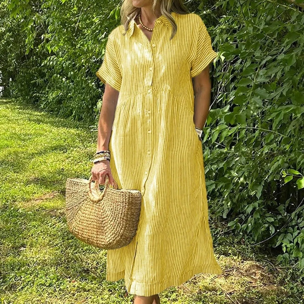 with Watch Striped Lapel Button Down Shirt Dress, Summer Casual anomalous puppet opposite unchanging mortar Button up Short Sleeve Midi Long Shift Dress 