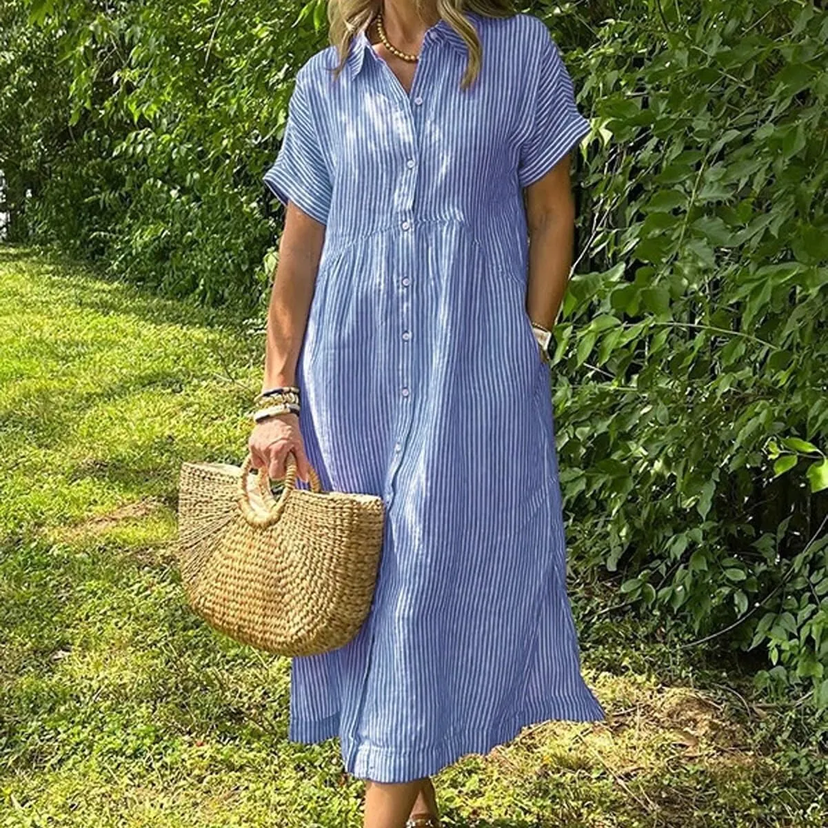 with Watch Striped Lapel Button Down Shirt Dress, Summer Casual anomalous puppet opposite unchanging mortar Button up Short Sleeve Midi Long Shift Dress 