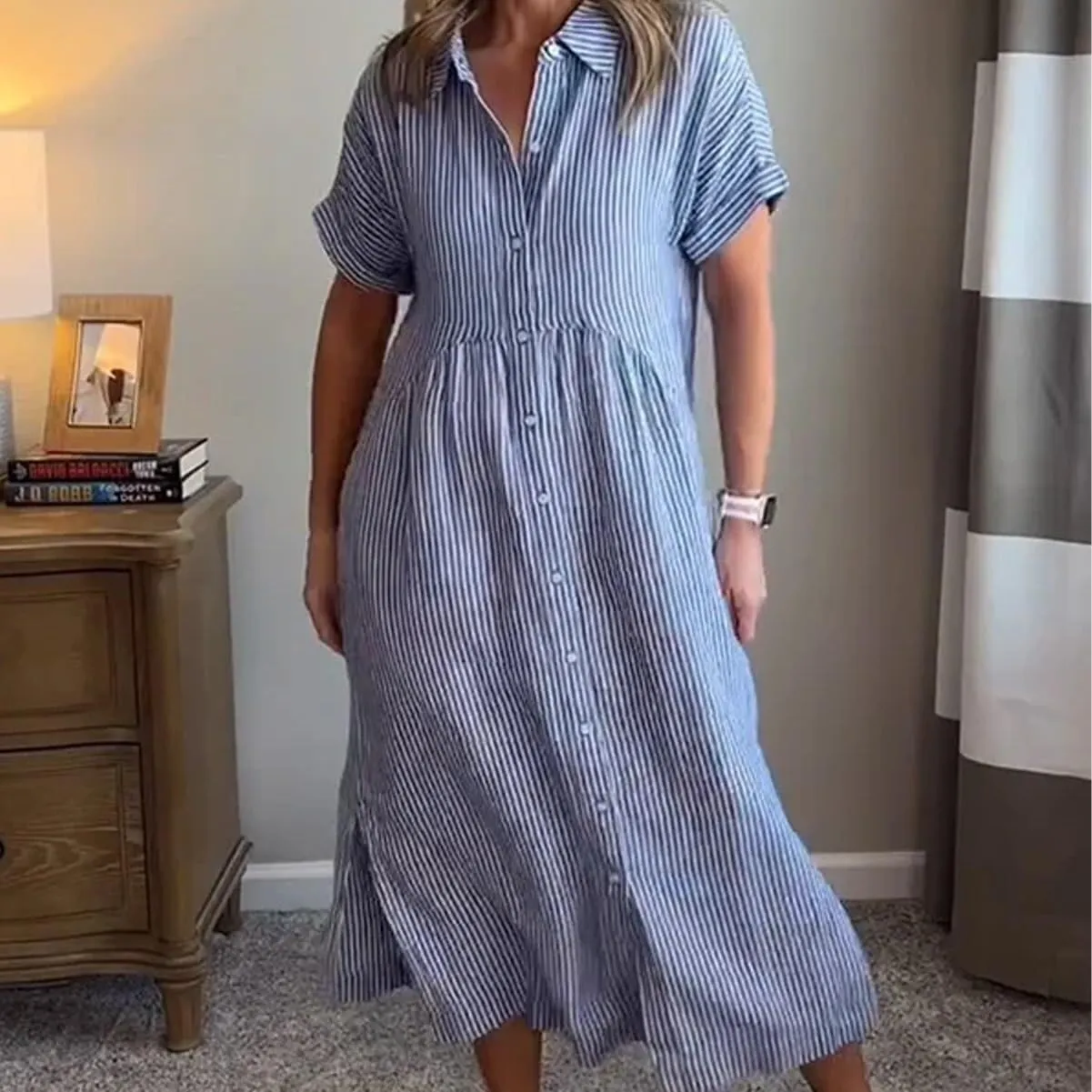 with Watch Striped Lapel Button Down Shirt Dress, Summer Casual anomalous puppet opposite unchanging mortar Button up Short Sleeve Midi Long Shift Dress 
