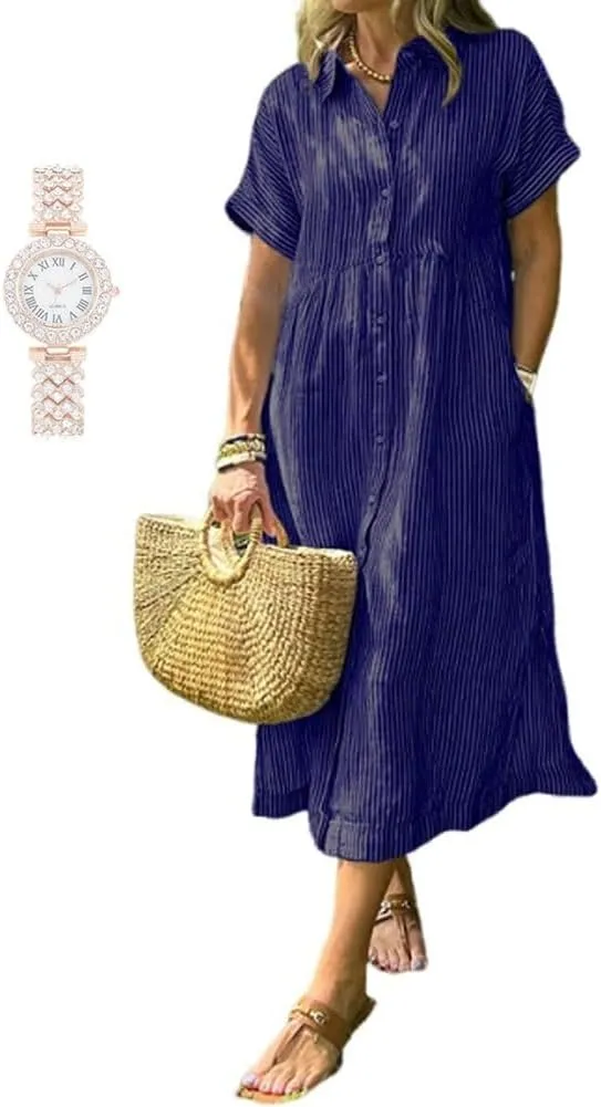 with Watch Striped Lapel Button Down Shirt Dress, Summer Casual anomalous puppet opposite unchanging mortar Button up Short Sleeve Midi Long Shift Dress 