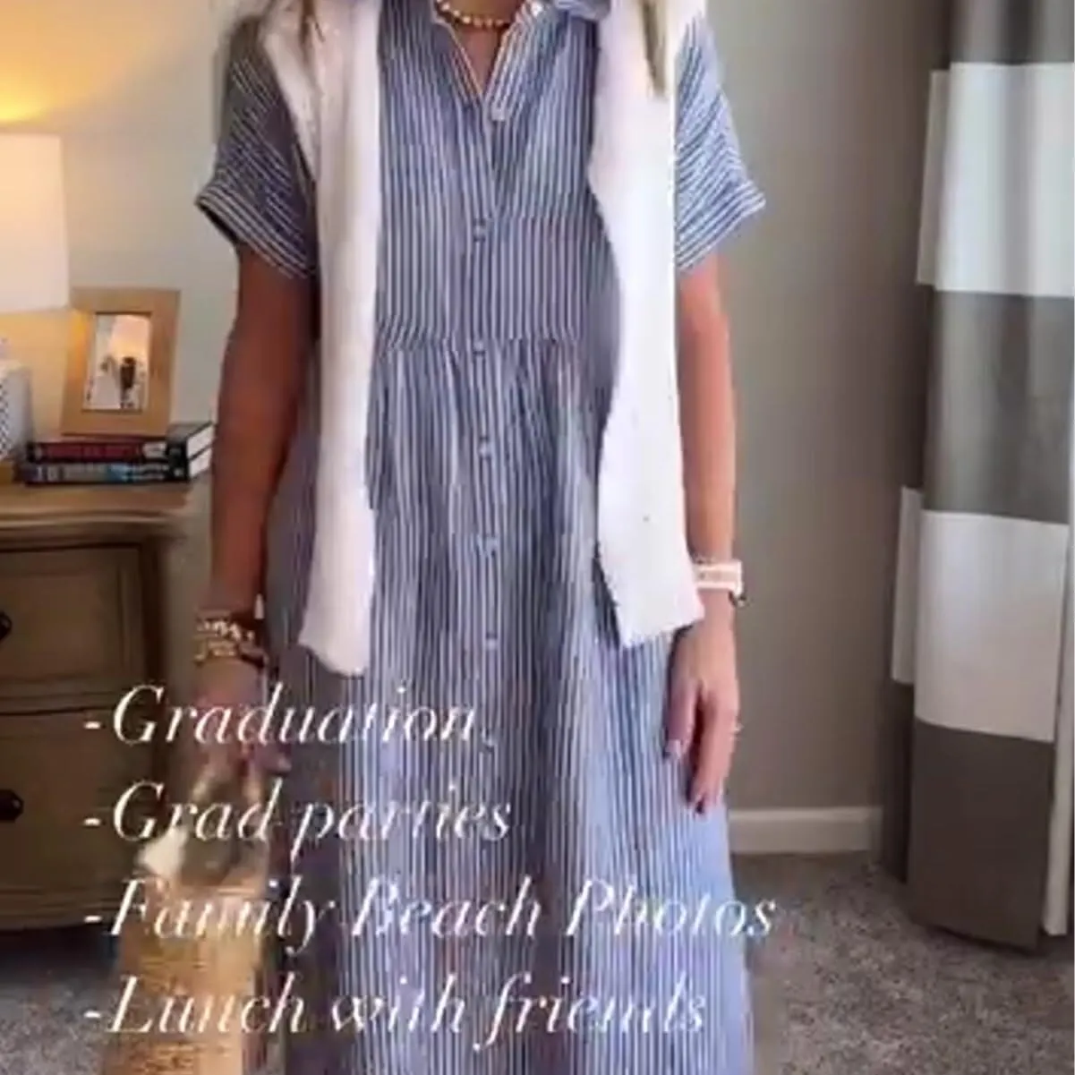 with Watch Striped Lapel Button Down Shirt Dress, Summer Casual anomalous puppet opposite unchanging mortar Button up Short Sleeve Midi Long Shift Dress 