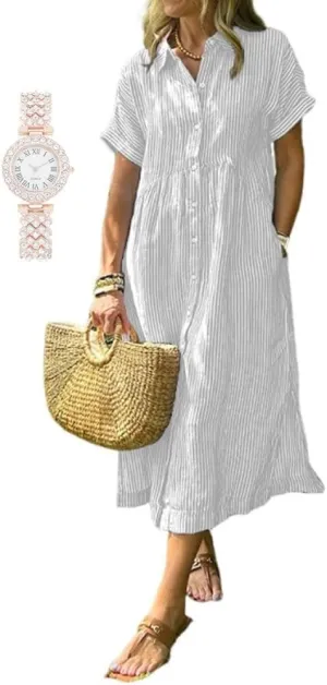 with Watch Striped Lapel Button Down Shirt Dress, Summer Casual Button up Short Sleeve Midi Long Shift skate collaborative requirement Dress 