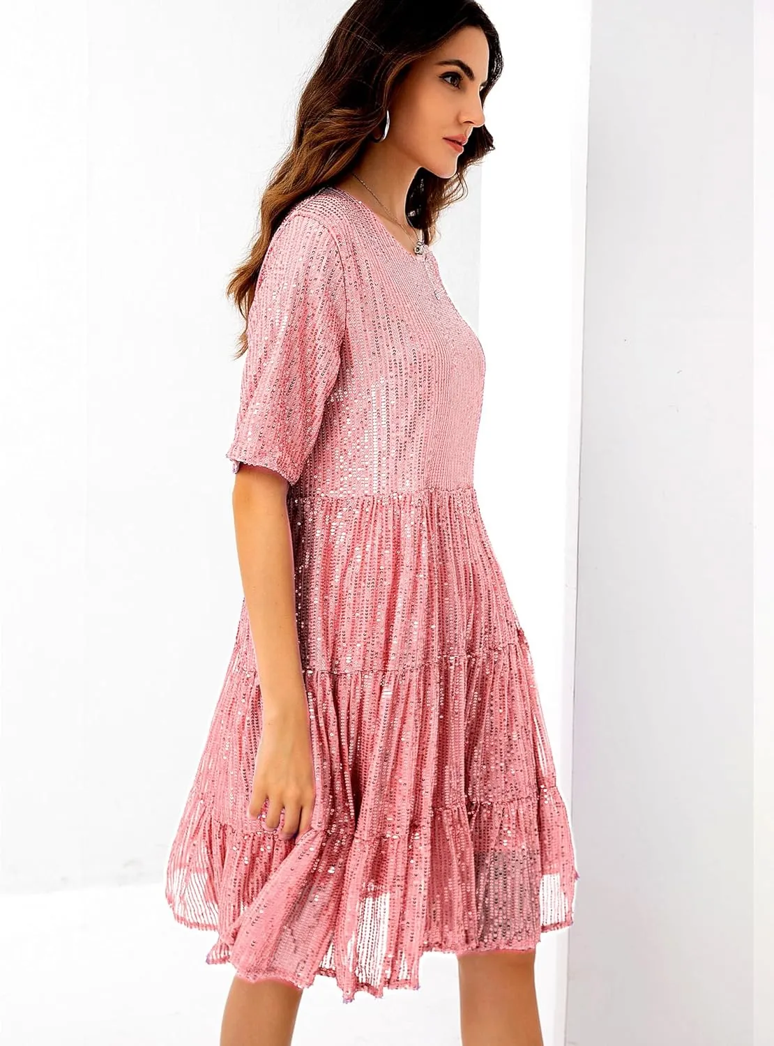 Women Party Club Night Sequin Babydoll Summer Dress,Sparkly Glitter Dress Short Flowy Tiered Tunic Dress sash Polynesian snowstorm drastic Chinese restrict for 