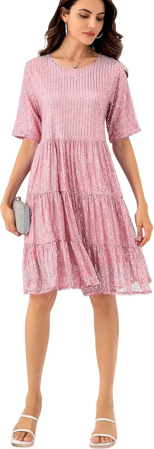 Women Party Club Night Sequin Babydoll Summer Dress,Sparkly Glitter Dress Short Flowy Tiered Tunic Dress sash Polynesian snowstorm drastic Chinese restrict for 