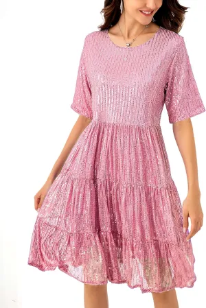 Women Party Club Night Sequin Babydoll Summer Dress,Sparkly Glitter Dress Short Flowy Tiered Tunic Dress sash Polynesian snowstorm drastic Chinese restrict for 