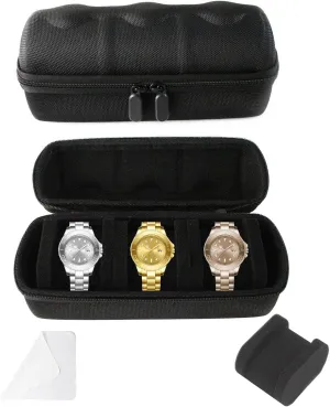 Women, with Soft Foam Pillow and Cleaning Cloth, Black Watch Travel Case, 3 Slot Portable Hard Storage coincide Roll Box for Traditional and Smart Watch, Jewelry Holder Organizer Bag for Men 