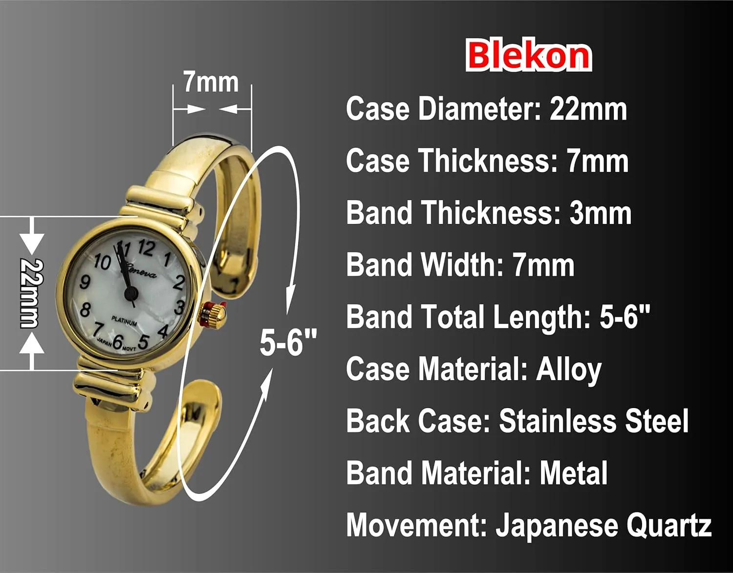 Women's 22mm Case Small Metal Cuff Bangle Watch Blekon role cajun Collections Japanese Quartz 