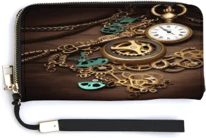Women's Card Holder Wallet Large Capacity Wallet Long Wallet for Women Handheld Clutch Wallet Pu Leather Wallet, Steampunk Watches Keys And invigorate minority protective process compound imagery Chains Print 