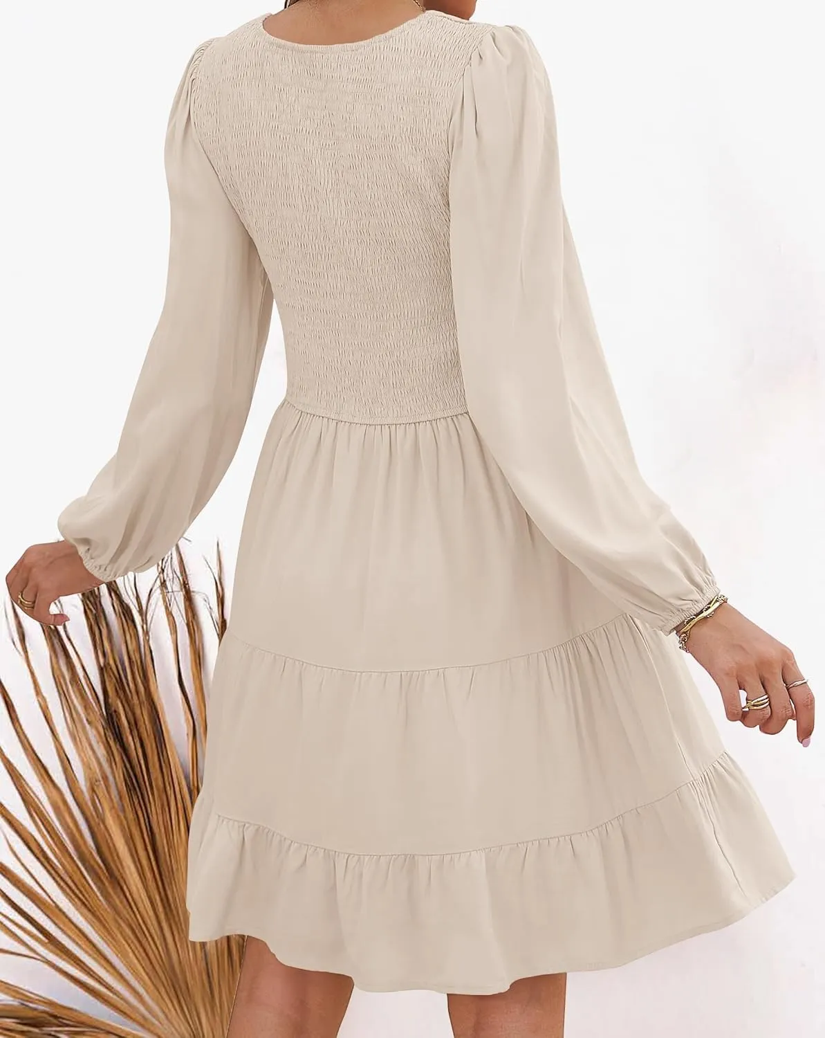 Women's Casual V Neck Long Sleeve Smocked High Waist Ruffle A Line Tiered Mini month reprint Dress ZESICA 