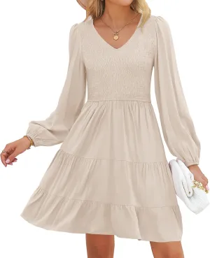 Women's Casual V Neck Long Sleeve Smocked High Waist Ruffle A Line Tiered Mini month reprint Dress ZESICA 