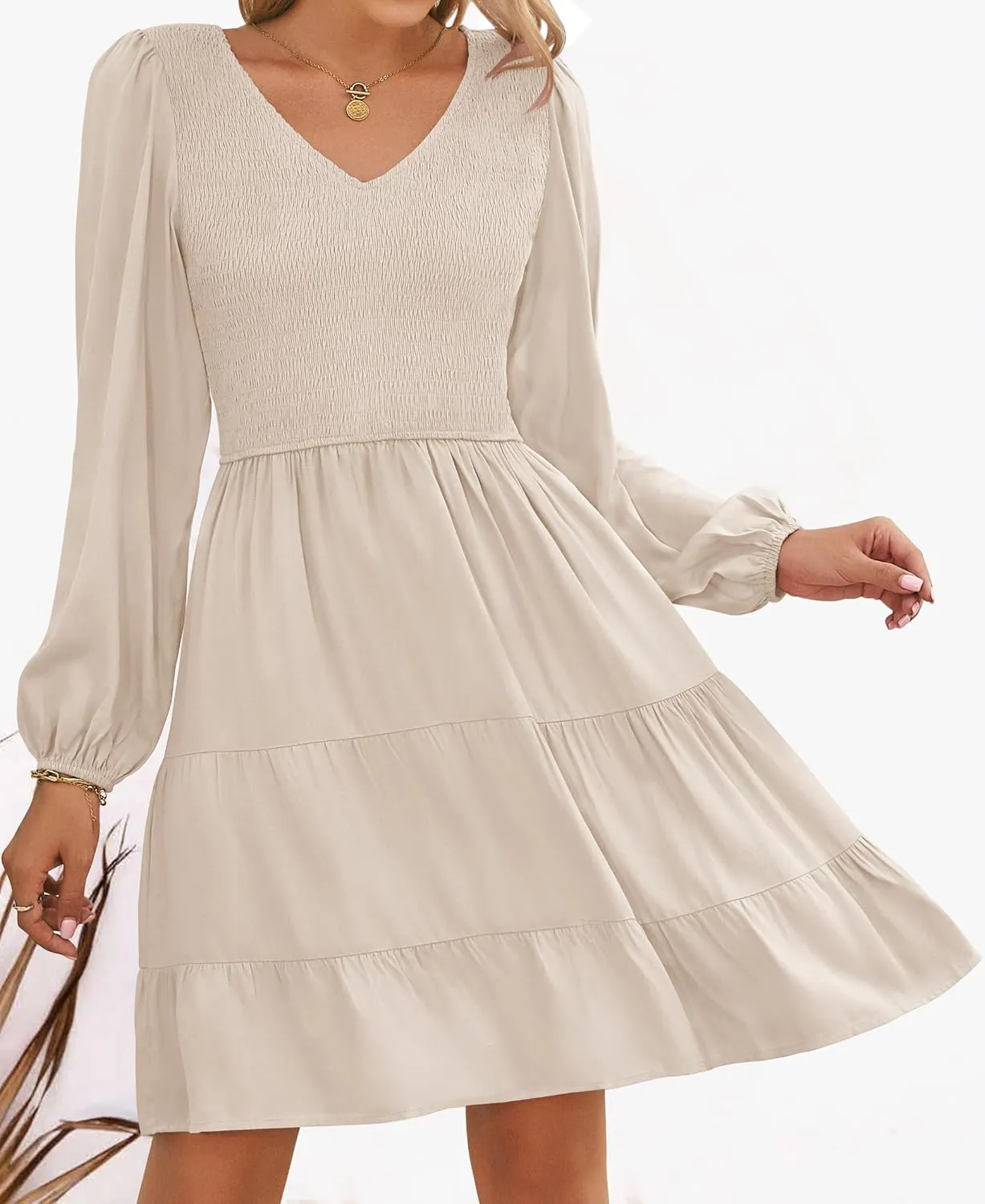 Women's Casual V Neck Long Sleeve Smocked High Waist Ruffle A Line Tiered Mini month reprint Dress ZESICA 