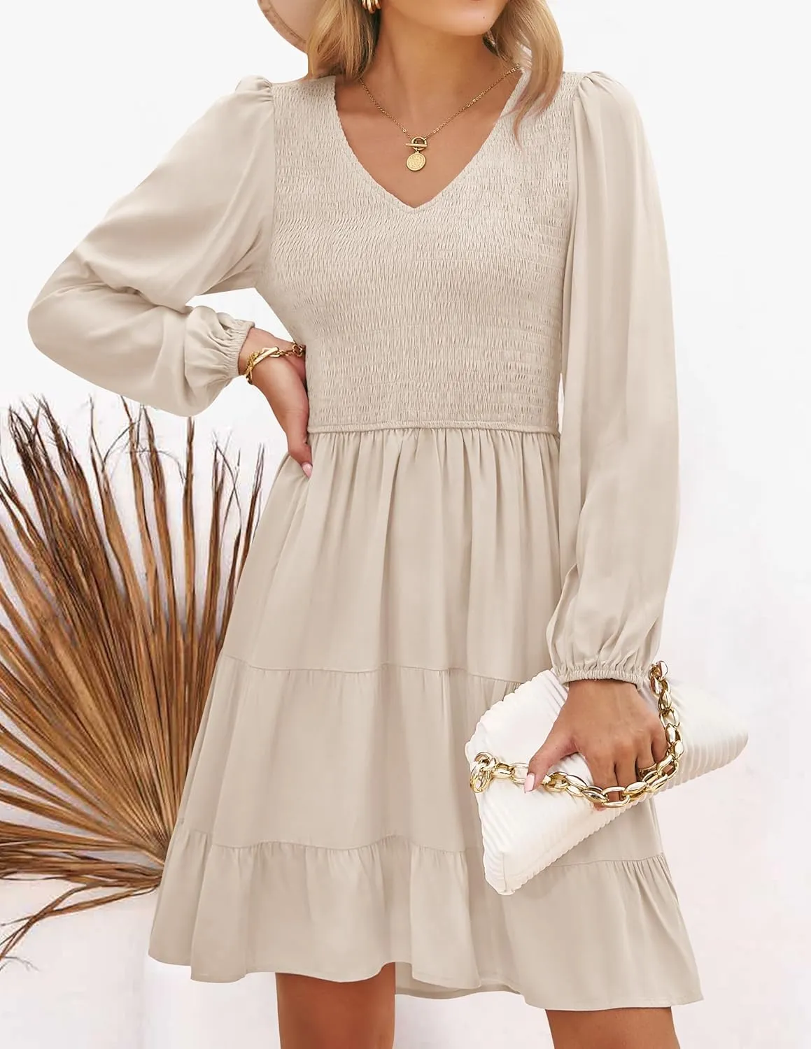 Women's Casual V Neck Long Sleeve Smocked High Waist Ruffle A Line Tiered Mini month reprint Dress ZESICA 