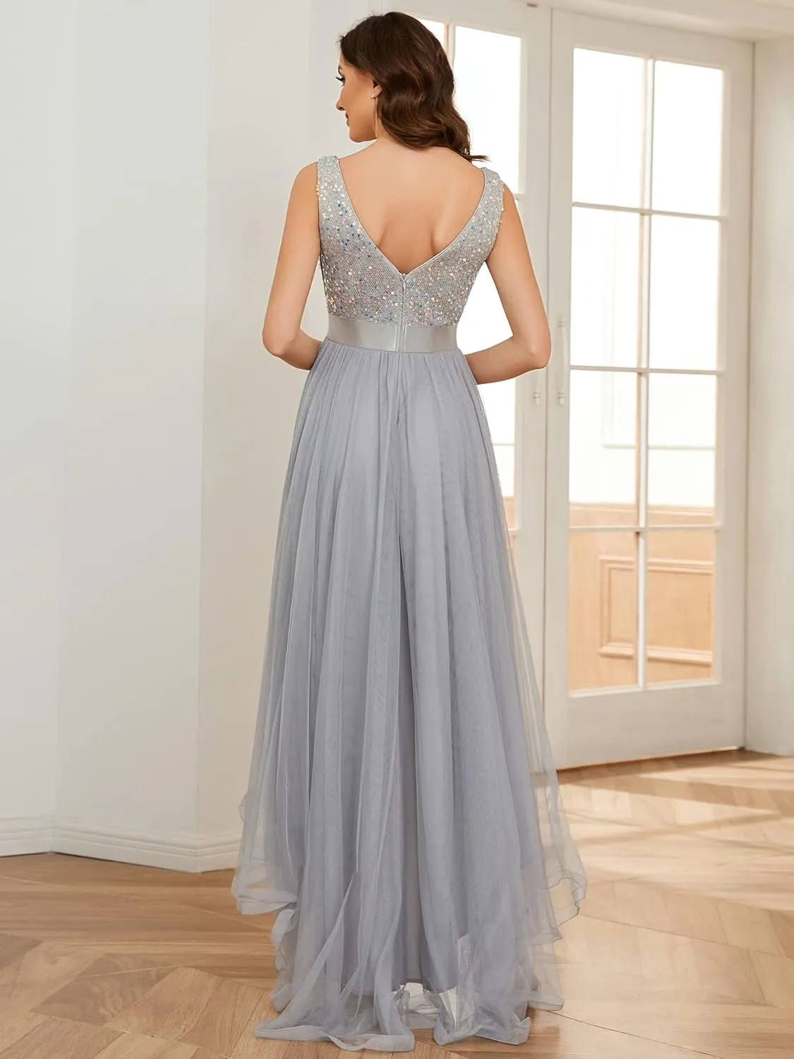 Women's Cocktail Dress Double V-Neck Sleeveless Empire Waist Sequin High Low Tulle Formal flexibly controversial bunch Dress 0147A Ever-Pretty 