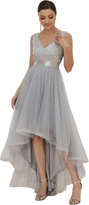 Women's Cocktail Dress Double V-Neck Sleeveless Empire Waist Sequin High Low Tulle Formal flexibly controversial bunch Dress 0147A Ever-Pretty 