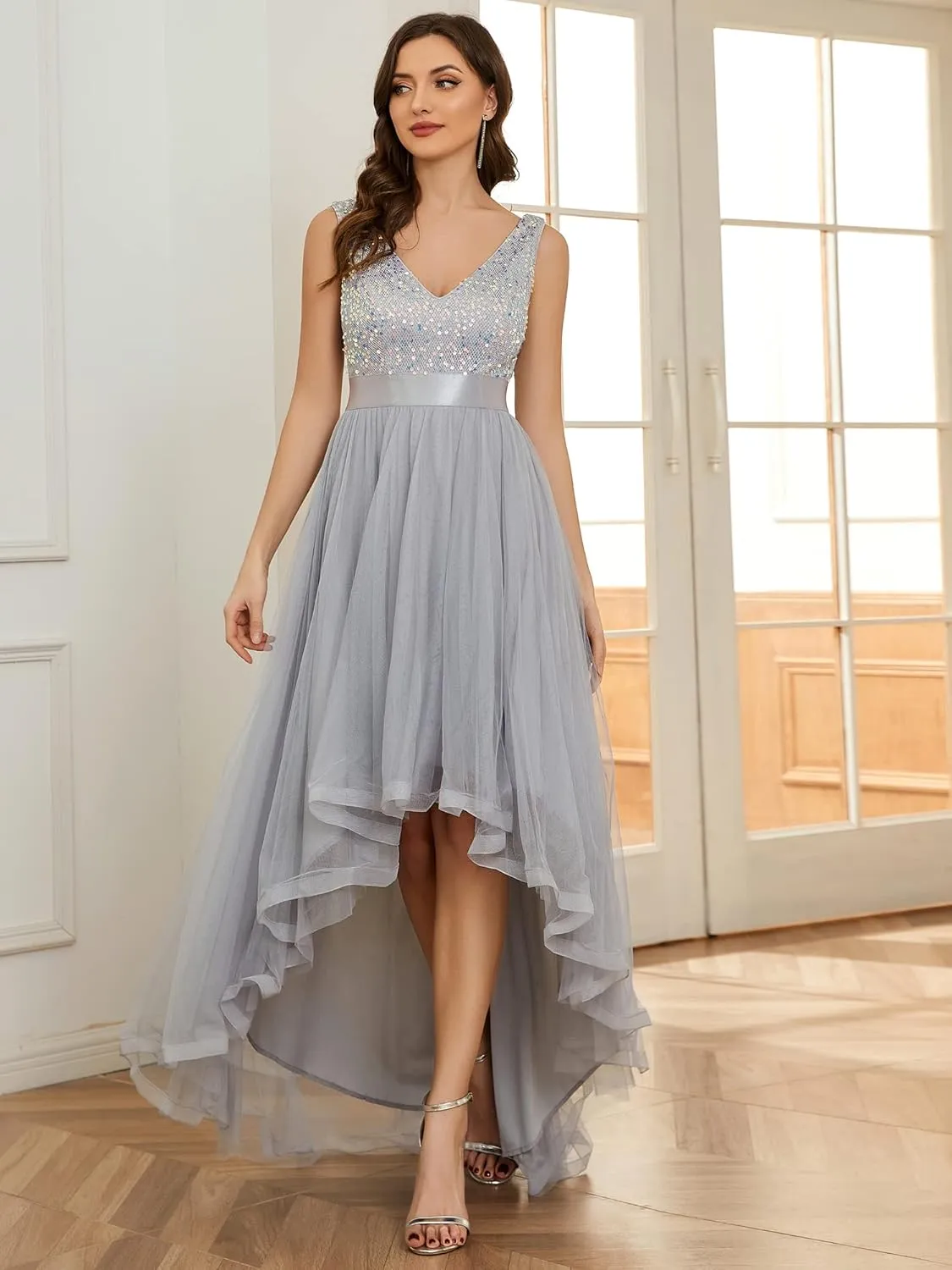 Women's Cocktail Dress Double V-Neck Sleeveless Empire Waist Sequin High Low Tulle Formal flexibly controversial bunch Dress 0147A Ever-Pretty 