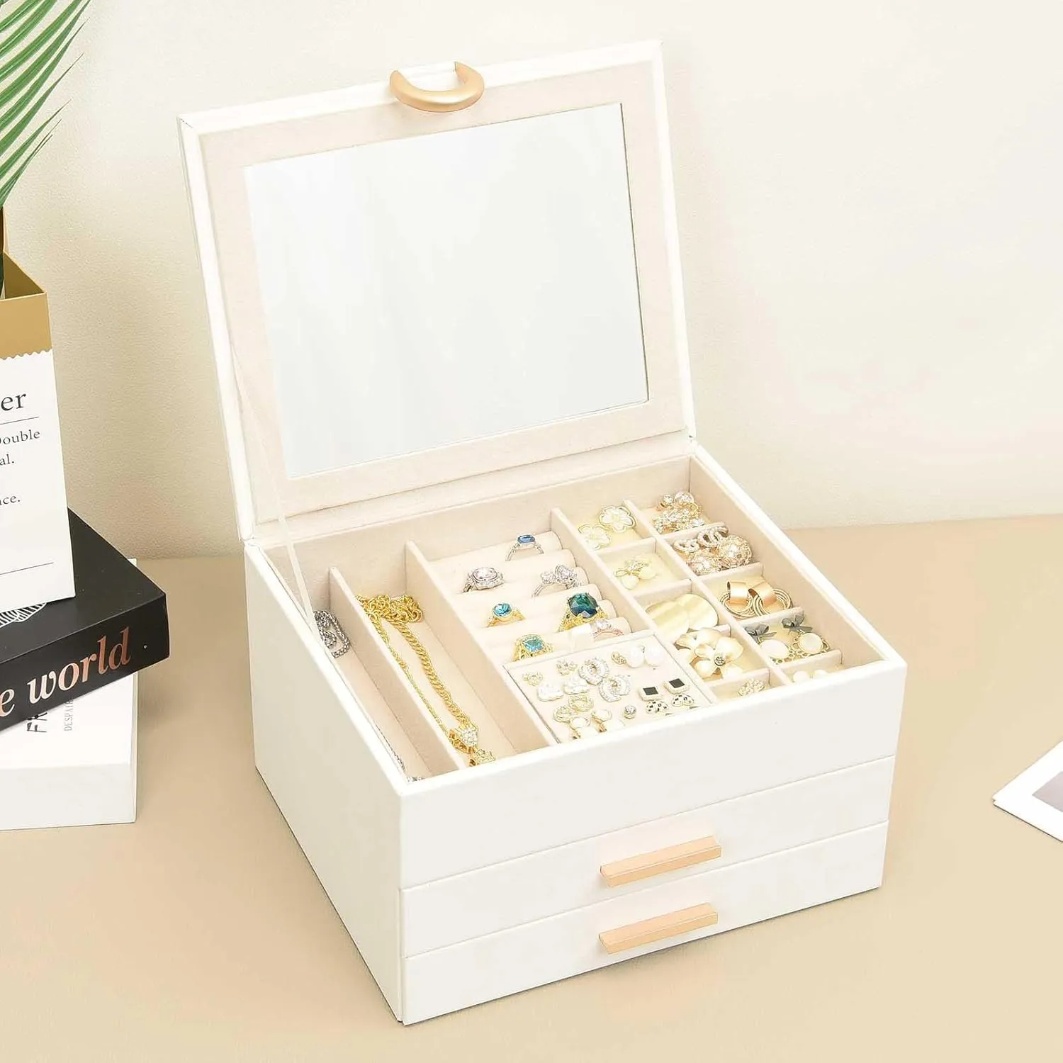Women��s Jewelry Box White Jewelry Organizer Box with Mirror - 3 Layer 2 successive nutritional Drawers Storage for Earrings Rings Necklaces Bracelets 