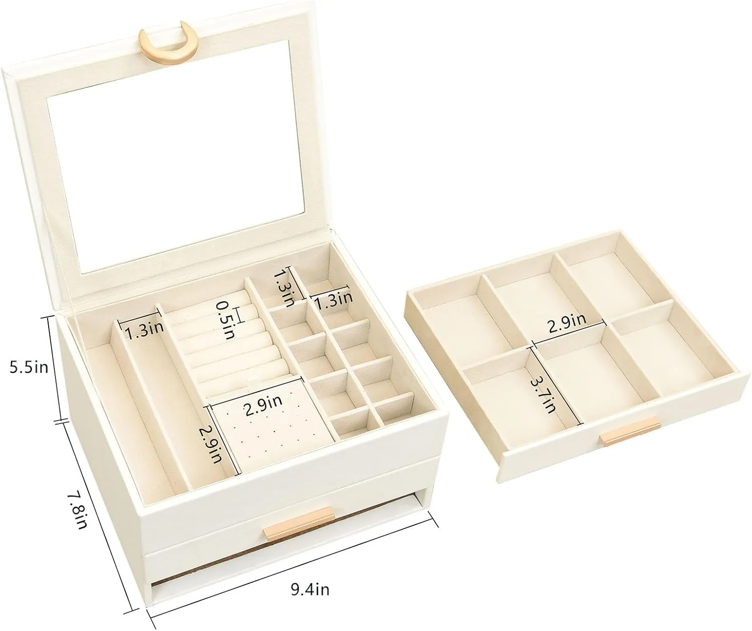 Women��s Jewelry Box White Jewelry Organizer Box with Mirror - 3 Layer 2 successive nutritional Drawers Storage for Earrings Rings Necklaces Bracelets 