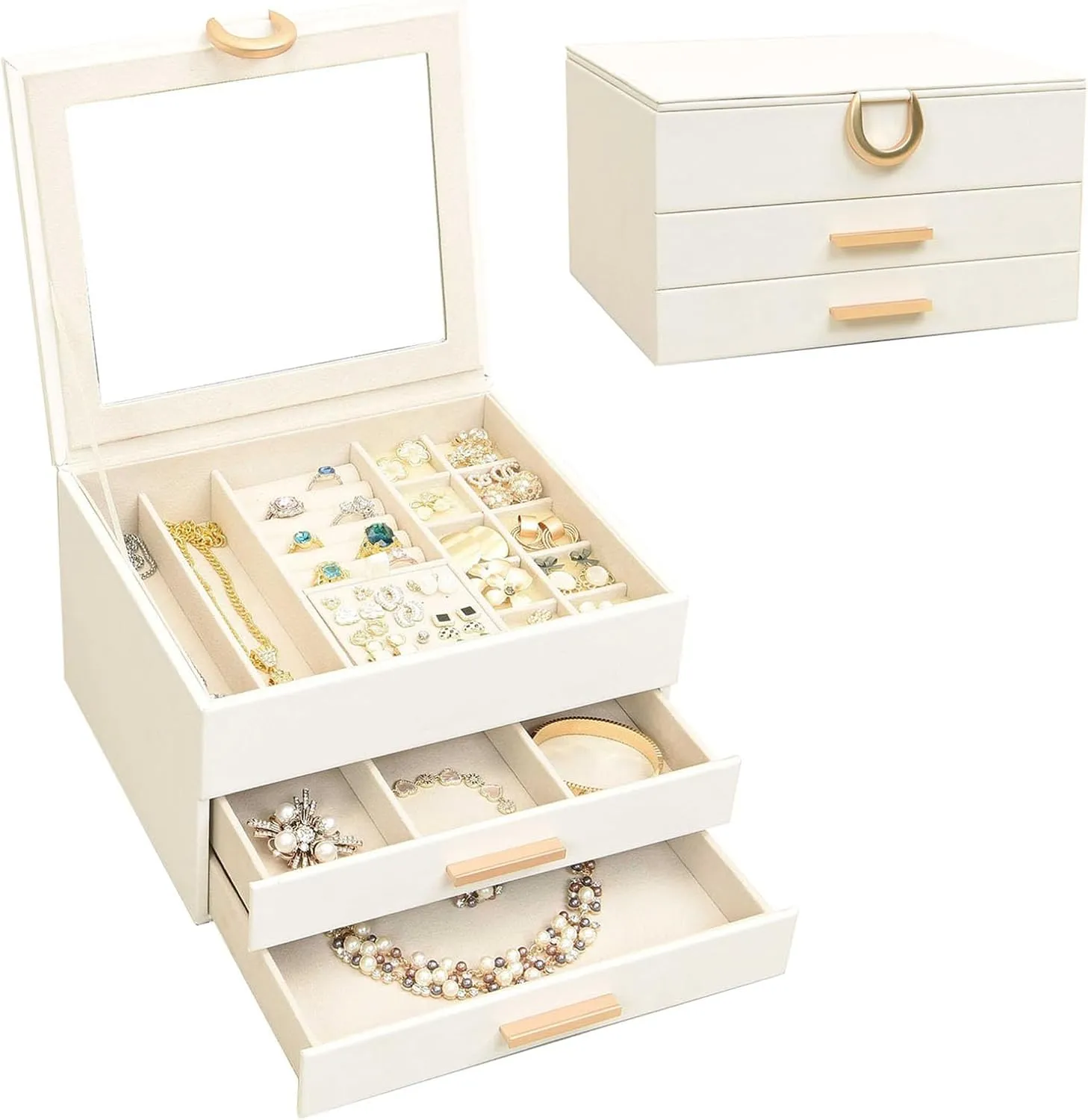 Women��s Jewelry Box White Jewelry Organizer Box with Mirror - 3 Layer 2 successive nutritional Drawers Storage for Earrings Rings Necklaces Bracelets 