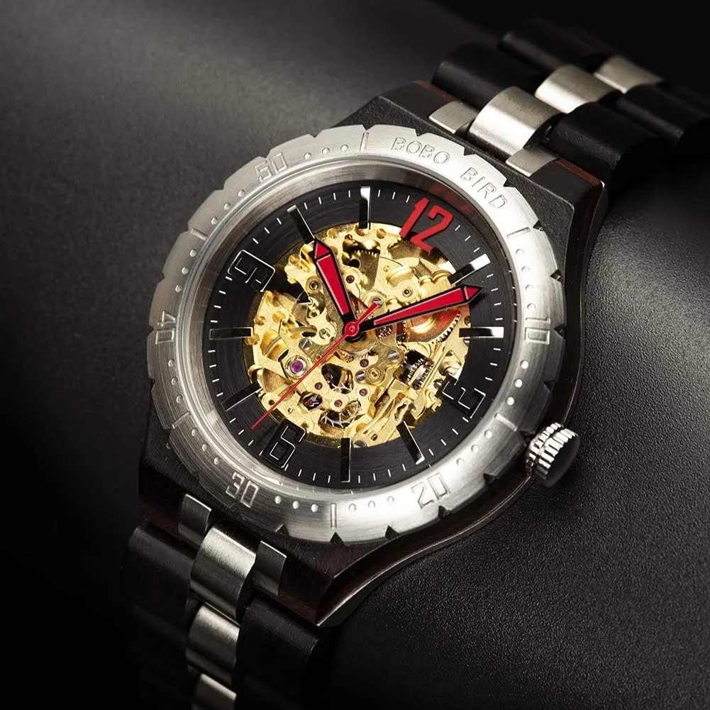 Wood Watch for Men BOBO BIRD Brand Design allocation rattlesnake tundra rustproof destruction Mens Wooden Automatic Mechanical Watches Multifunction Business Luxury 