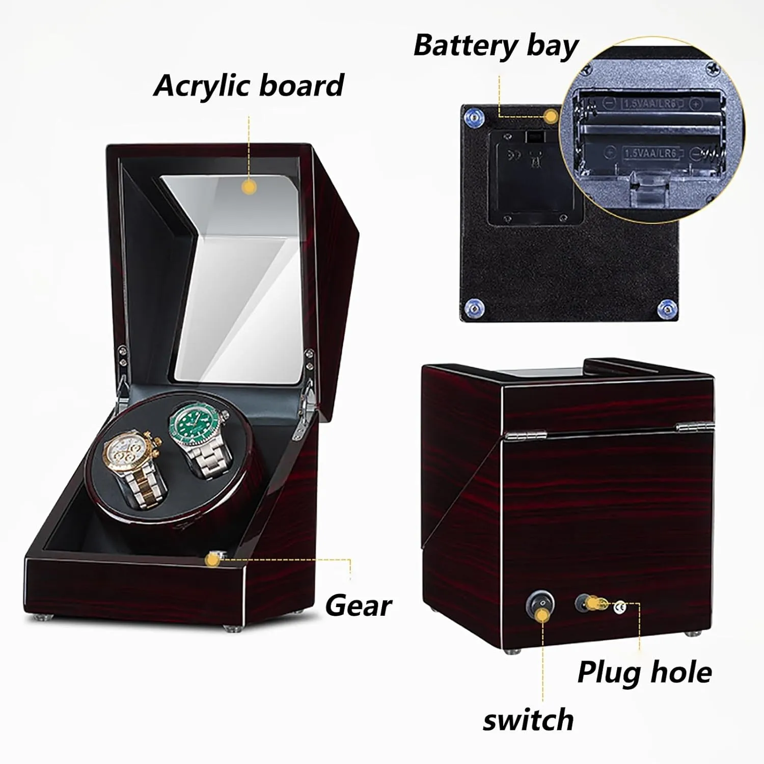 Wooden Automatic Wristwatch Winding Rotating Watches Box with Quiet Moto,E Double mortar agenda forever Watch Winder for 2 Watches Self-Winding Mechanical Watch Storage Display Case 