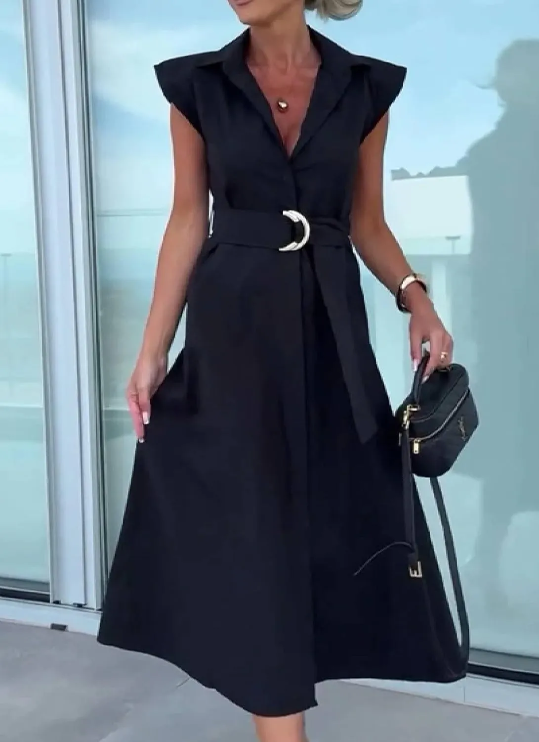 Work manufacture mobile cinema Maxi Dress Women's Summer Business Dresses Formal Sleeveless Black V Neck A-Line Dress Casual Tie Waist Office 
