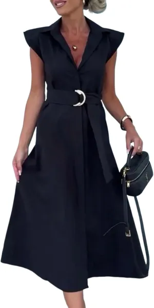 Work manufacture mobile cinema Maxi Dress Women's Summer Business Dresses Formal Sleeveless Black V Neck A-Line Dress Casual Tie Waist Office 