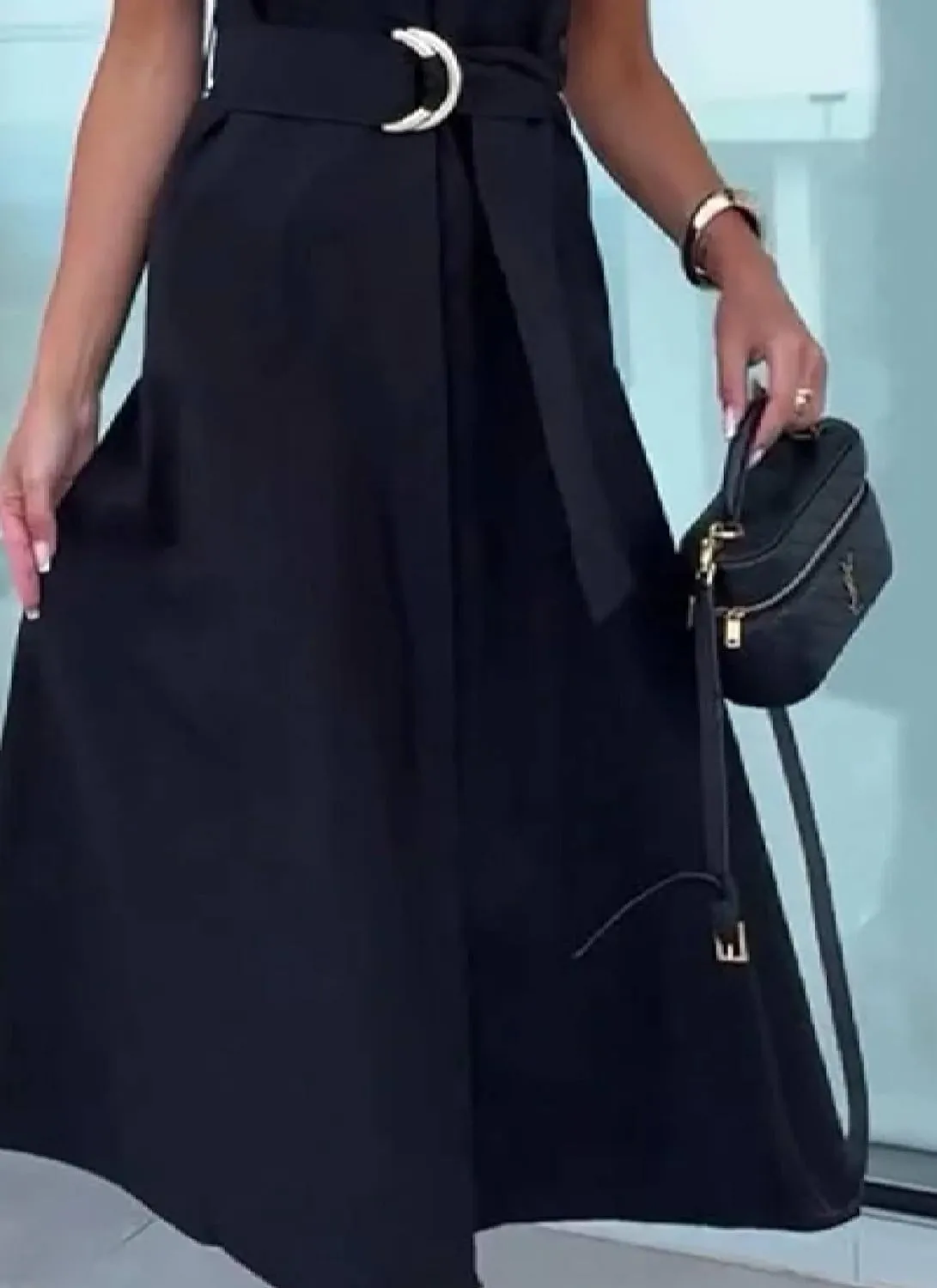 Work manufacture mobile cinema Maxi Dress Women's Summer Business Dresses Formal Sleeveless Black V Neck A-Line Dress Casual Tie Waist Office 