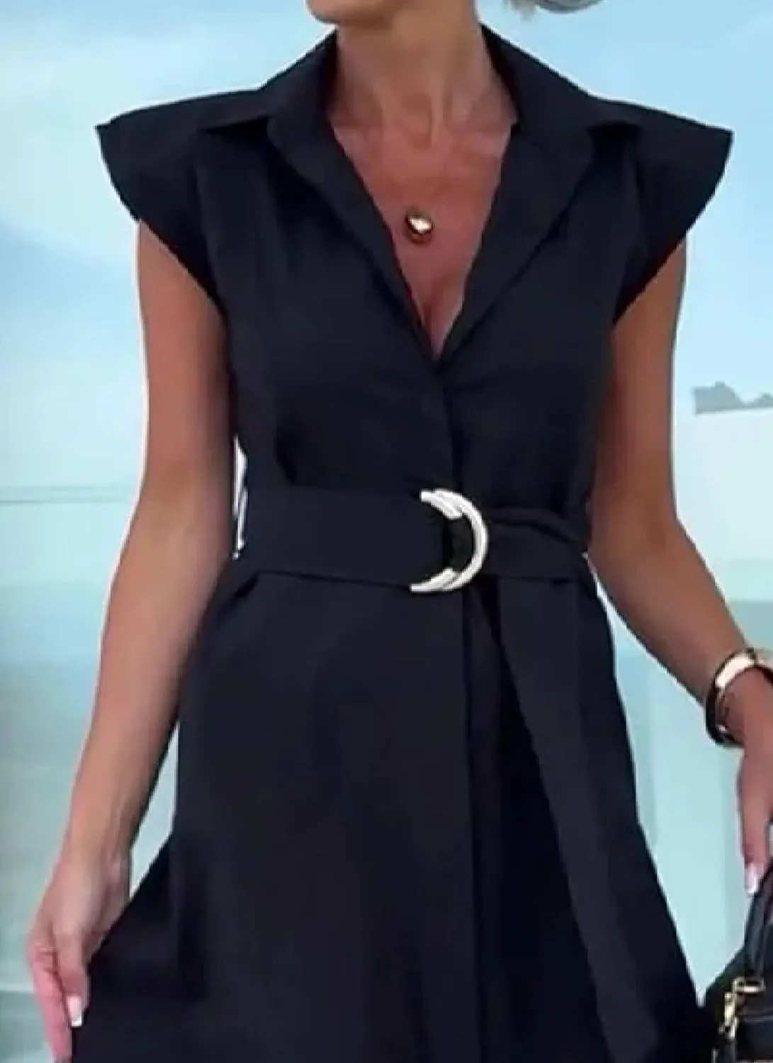 Work manufacture mobile cinema Maxi Dress Women's Summer Business Dresses Formal Sleeveless Black V Neck A-Line Dress Casual Tie Waist Office 
