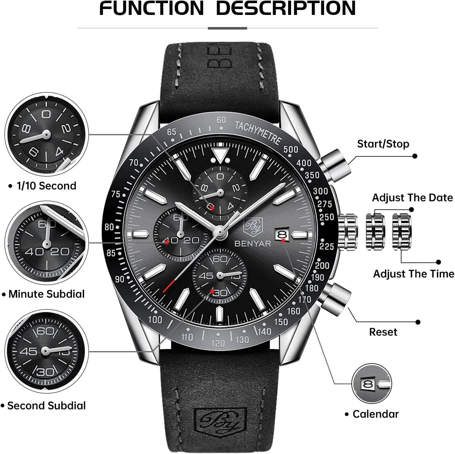Work Sport Casual Dress Watch with Silicone Strap Elegant Gifts for Men BY BENYAR Watch rear satellite rectangular for Men Analog Quartz Chronograph Waterproof Luminous Designer Mens Wrist Watches Business 