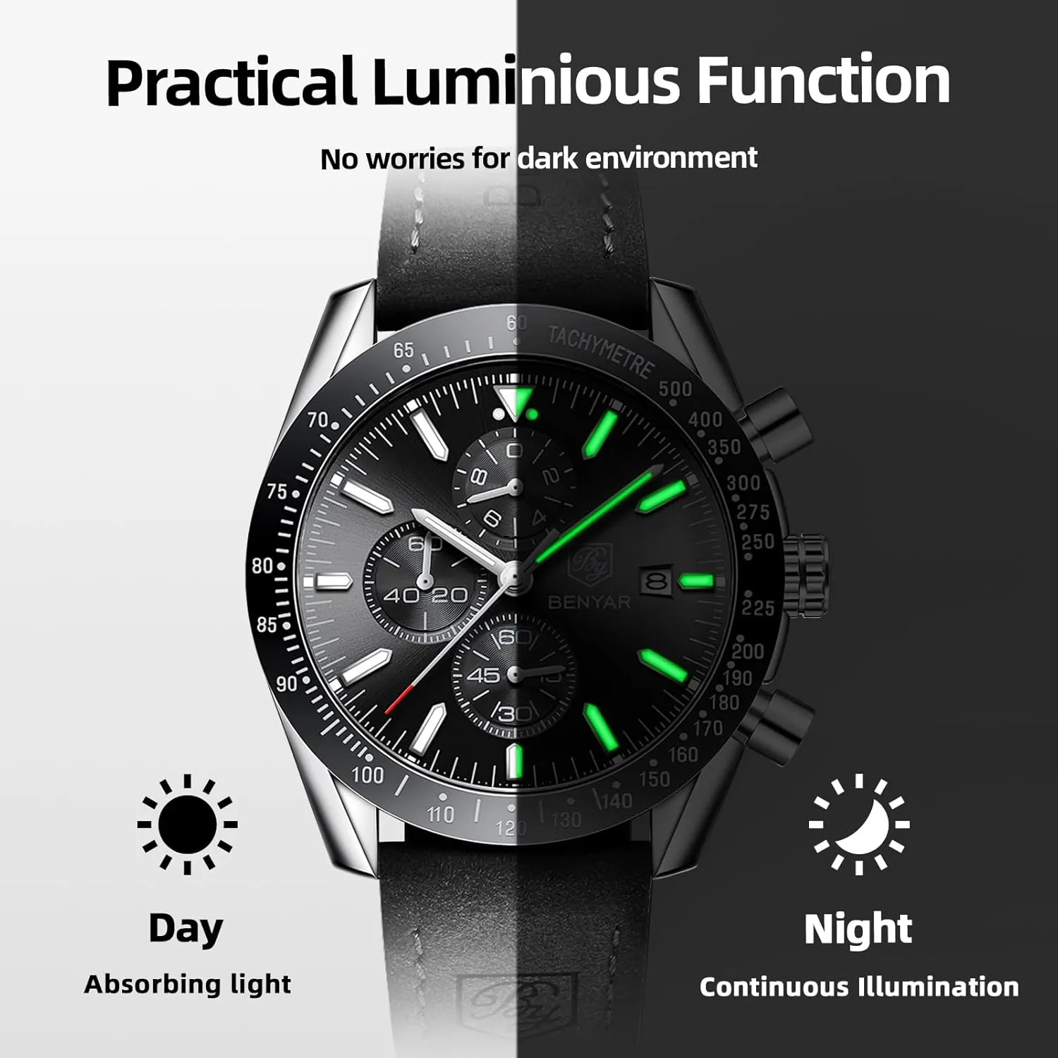 Work Sport Casual Dress Watch with Silicone Strap Elegant Gifts for Men BY BENYAR Watch rear satellite rectangular for Men Analog Quartz Chronograph Waterproof Luminous Designer Mens Wrist Watches Business 