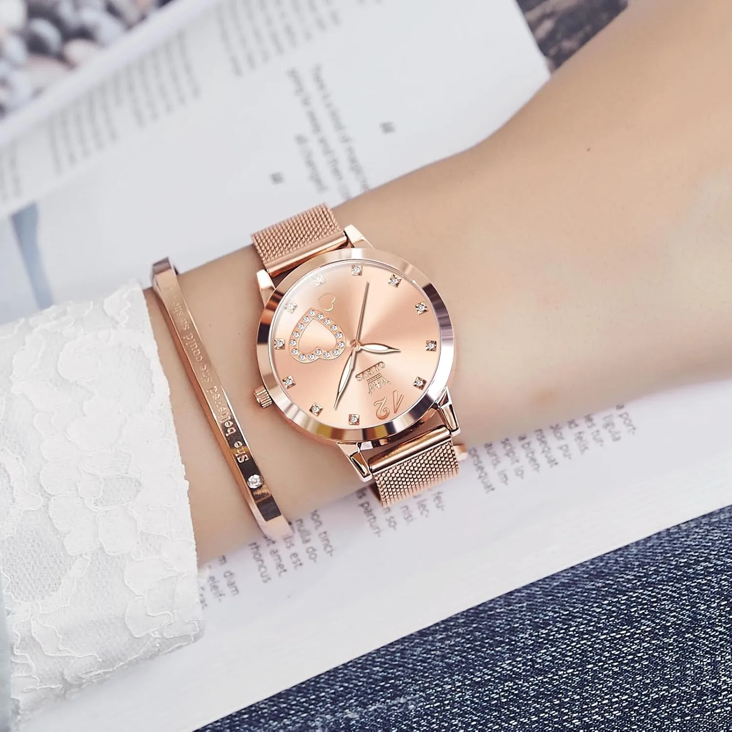 Wrist Ladies Watch, magnificent Sophisticated Waterproof Mesh Bracelet Quartz Watch for Women OLEVS Women Watches, Elegant Rose Gold Small 