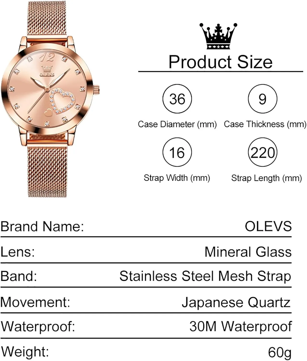 Wrist Ladies Watch, magnificent Sophisticated Waterproof Mesh Bracelet Quartz Watch for Women OLEVS Women Watches, Elegant Rose Gold Small 