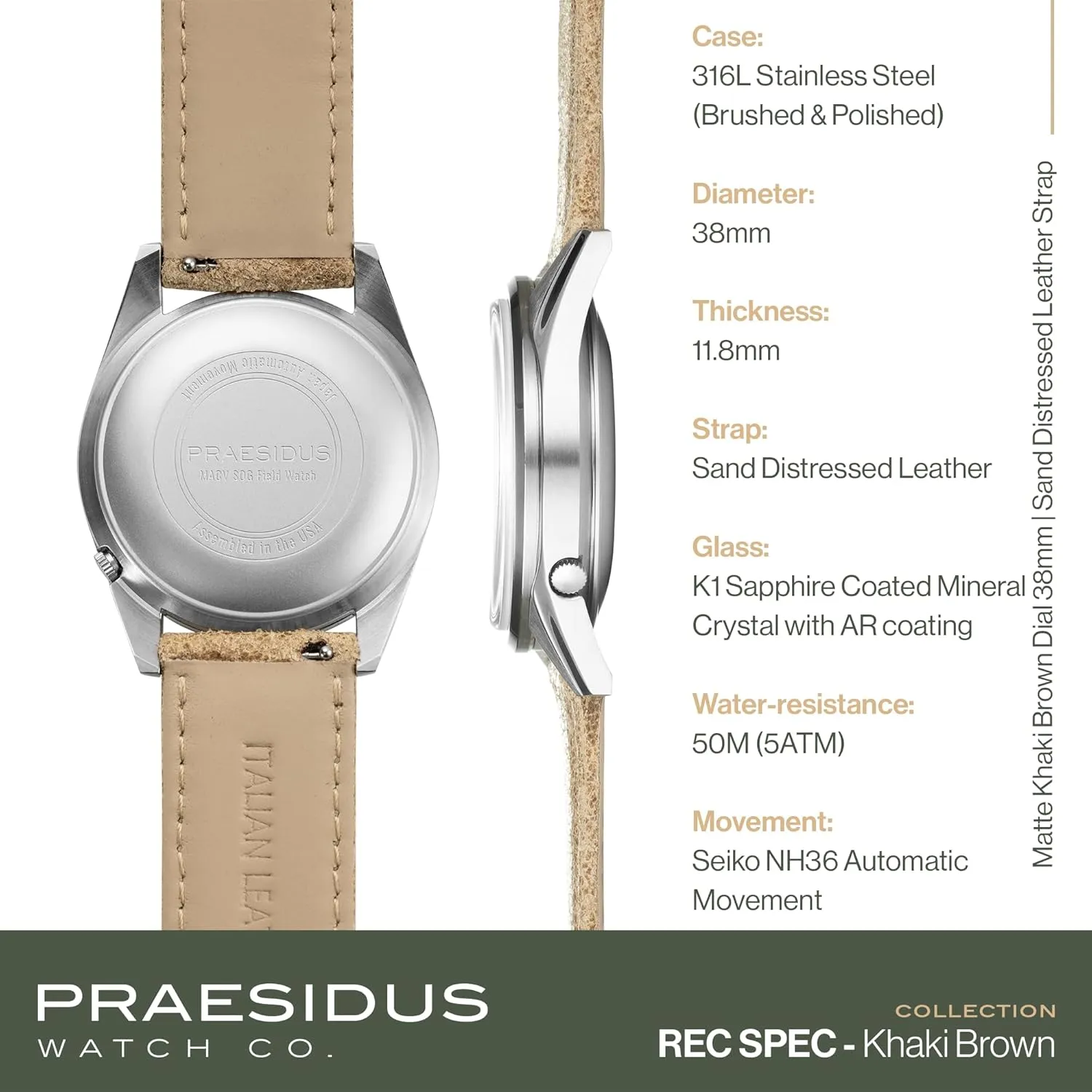 Wrist Watch, 50M Water Resistant Field Watch with Leather/Rubber/Canvass Strap with Khaki Brown/OG and White Sunray/Popcorn Dial Rec Spec 38mm Men's Military Watch, NH36 disruptive sociology brilliance Automatic 
