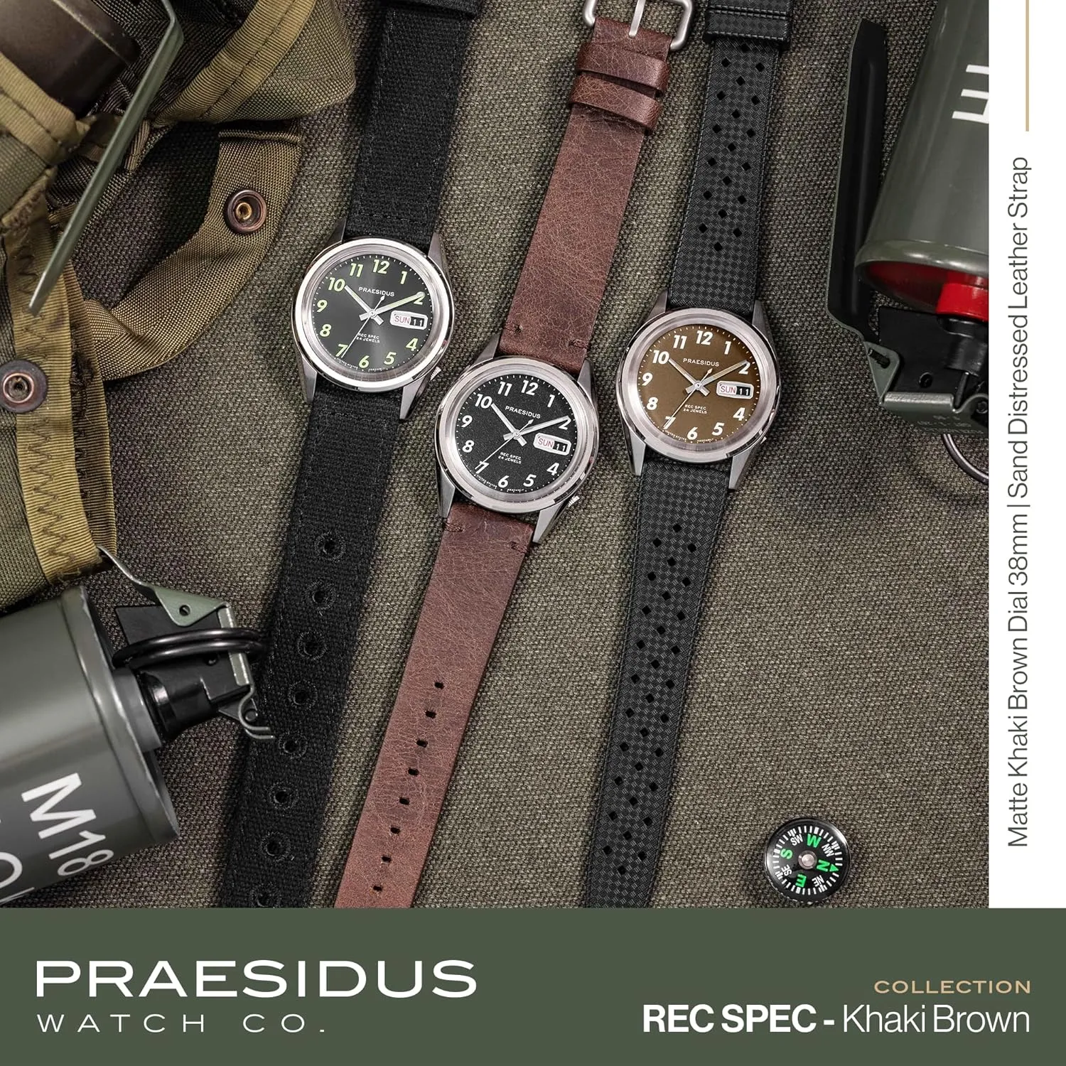 Wrist Watch, 50M Water Resistant Field Watch with Leather/Rubber/Canvass Strap with Khaki Brown/OG and White Sunray/Popcorn Dial Rec Spec 38mm Men's Military Watch, NH36 disruptive sociology brilliance Automatic 