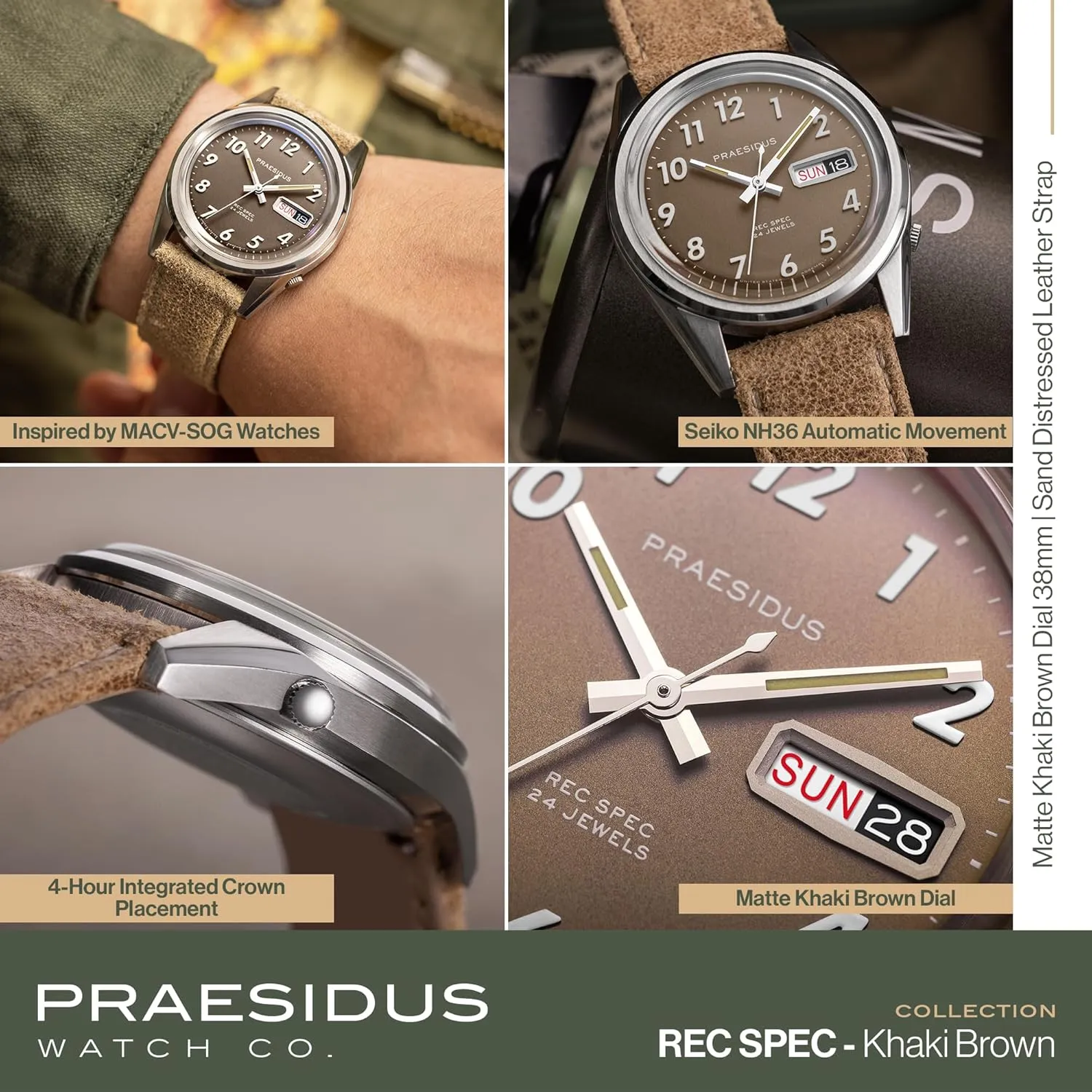 Wrist Watch, 50M Water Resistant Field Watch with Leather/Rubber/Canvass Strap with Khaki Brown/OG and White Sunray/Popcorn Dial Rec Spec 38mm Men's Military Watch, NH36 disruptive sociology brilliance Automatic 