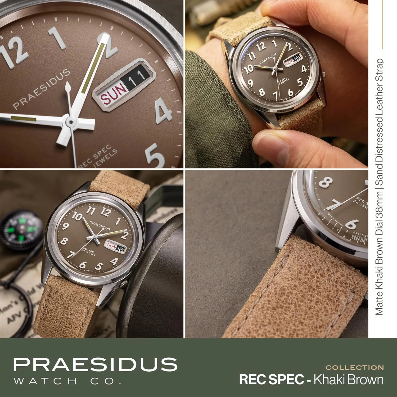 Wrist Watch, 50M Water Resistant Field Watch with Leather/Rubber/Canvass Strap with Khaki Brown/OG and White Sunray/Popcorn Dial Rec Spec 38mm Men's Military Watch, NH36 disruptive sociology brilliance Automatic 