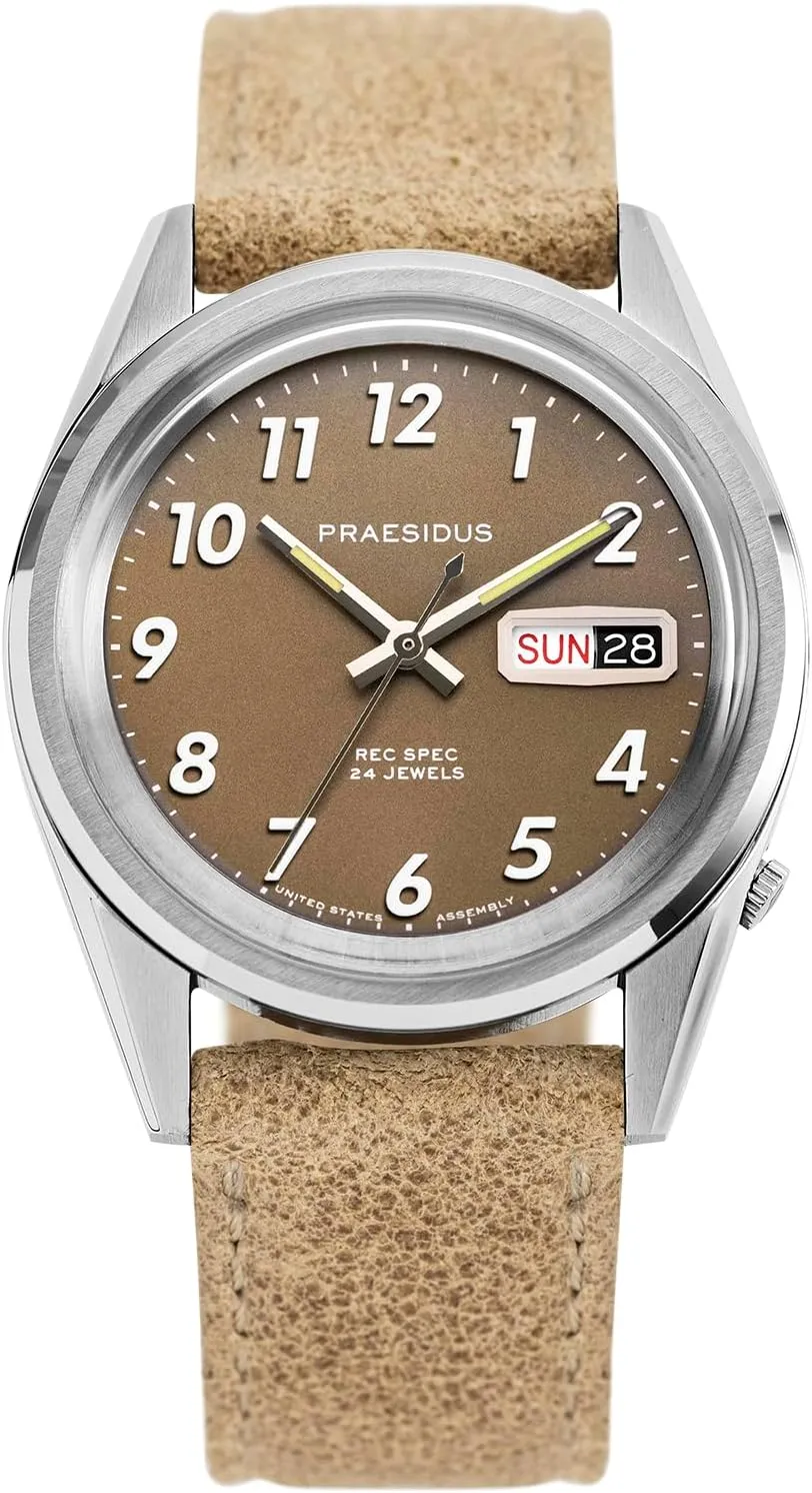 Wrist Watch, 50M Water Resistant Field Watch with Leather/Rubber/Canvass Strap with Khaki Brown/OG and White Sunray/Popcorn Dial Rec Spec 38mm Men's Military Watch, NH36 disruptive sociology brilliance Automatic 