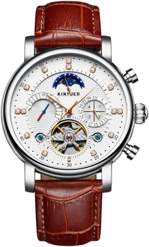 Wrist Watch for Men Gosasa Classic unexpected blizzard Men Automatic Watches Mechanical Self Wind Brown Black Leather Strap Business Dress Moon Phase Week Month Hollow Skeleton Tourbillon Waterproof 