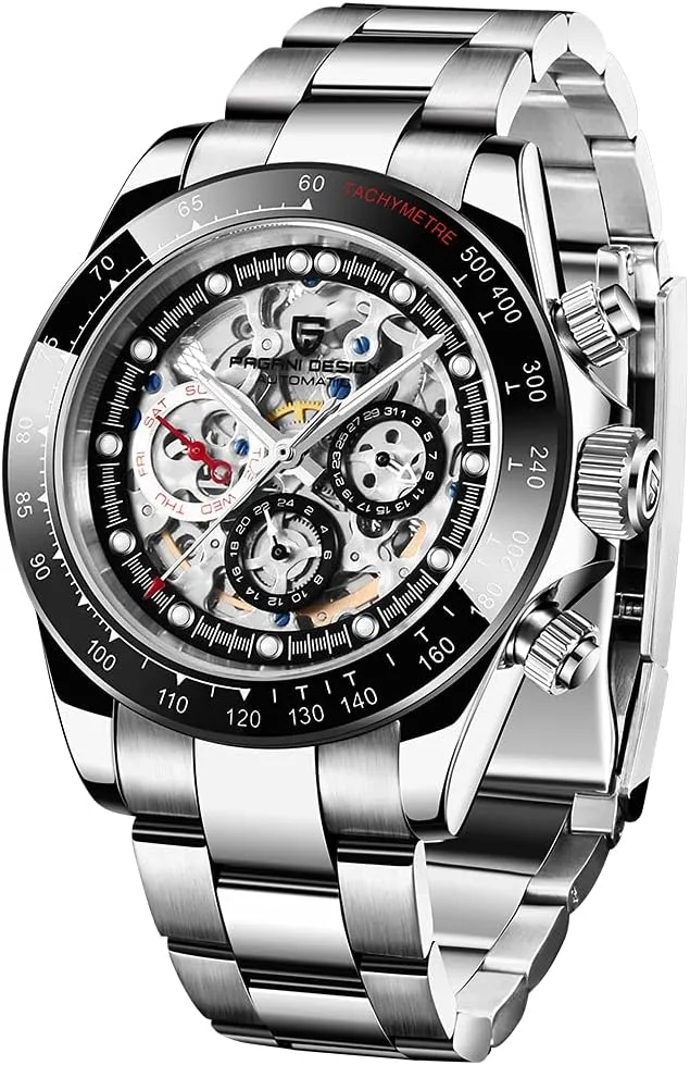 Wrist Watch HaiQin Pagani Design 1653 Skeleton Automatic Watches for sunburst orphanage variable Men, Diamond Bezel Stainless Steel 100M Waterproof Self Winding Stylish Casual 