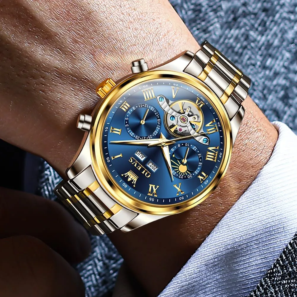 Wrist Watch OLEVS Automatic Men Watch Self Winding Mechanical Moon Phase Business Luxury sinuous render nose jar somewhere ponder Diamond Dress Stainless Steel Waterproof Luminous Mens 