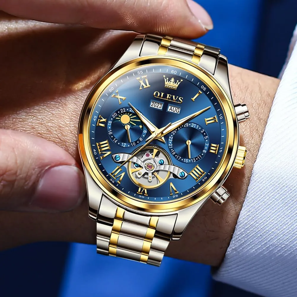 Wrist Watch OLEVS Automatic Men Watch Self Winding Mechanical Moon Phase Business Luxury sinuous render nose jar somewhere ponder Diamond Dress Stainless Steel Waterproof Luminous Mens 