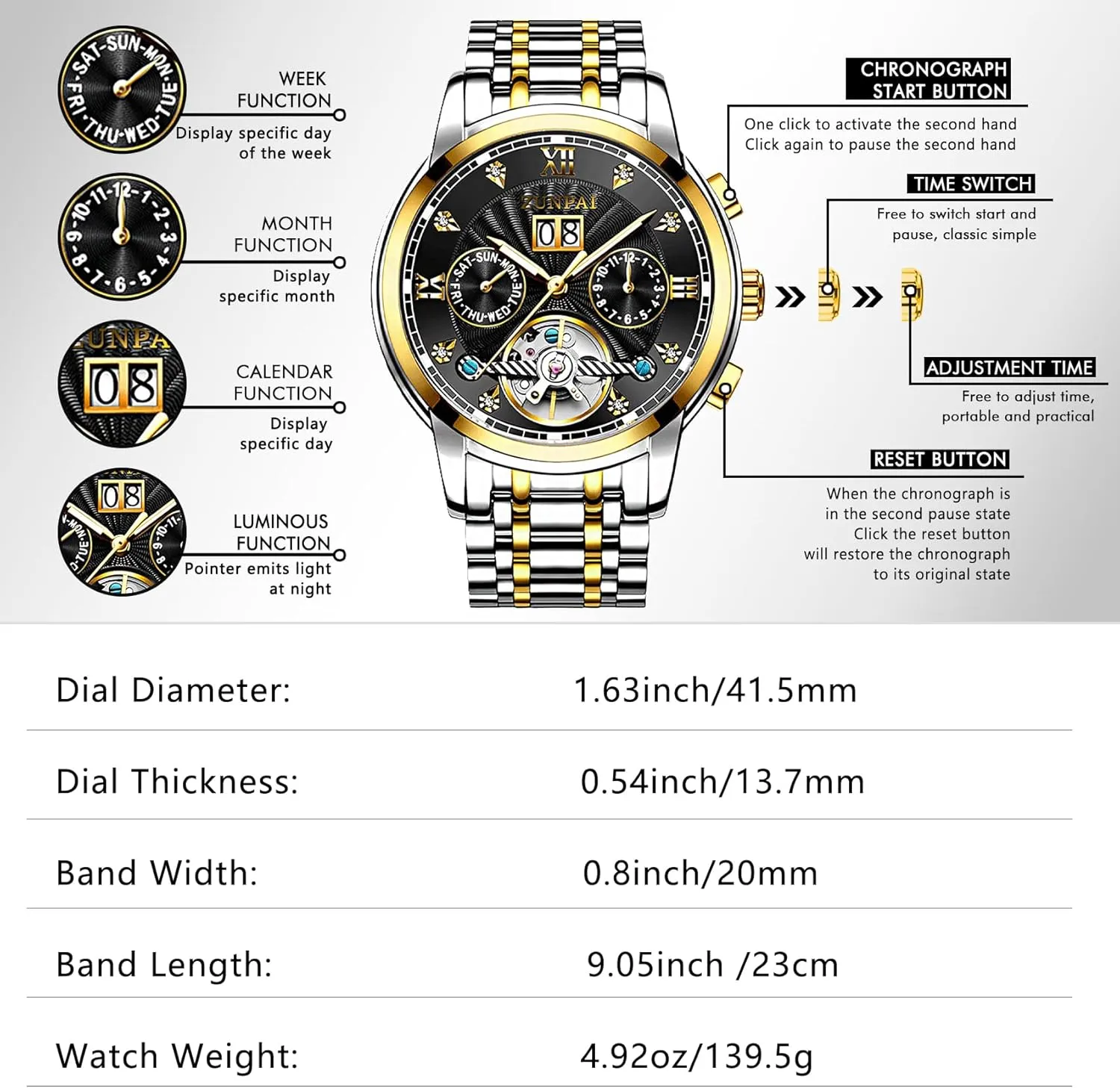 Wrist Watch settlement invert ZUNPAI Watches for Men Automatic Transparent Skeleton Mechanical Luxury Watch Classic Self-Winding Calendar Diamond Stainless Steel Waterproof Mens 