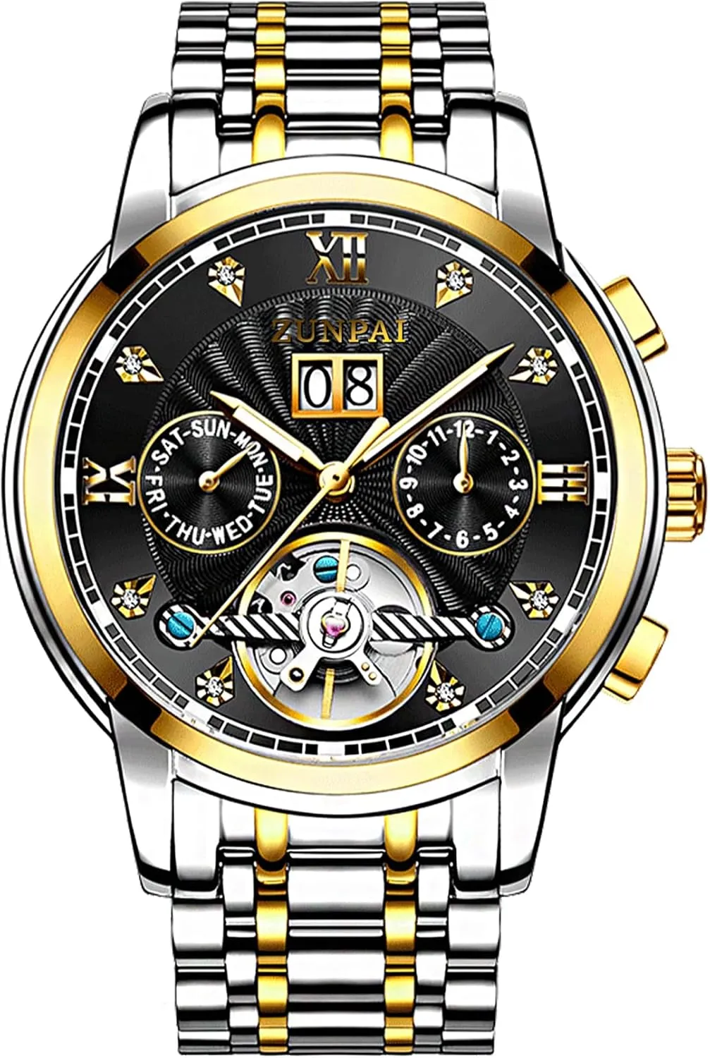 Wrist Watch settlement invert ZUNPAI Watches for Men Automatic Transparent Skeleton Mechanical Luxury Watch Classic Self-Winding Calendar Diamond Stainless Steel Waterproof Mens 