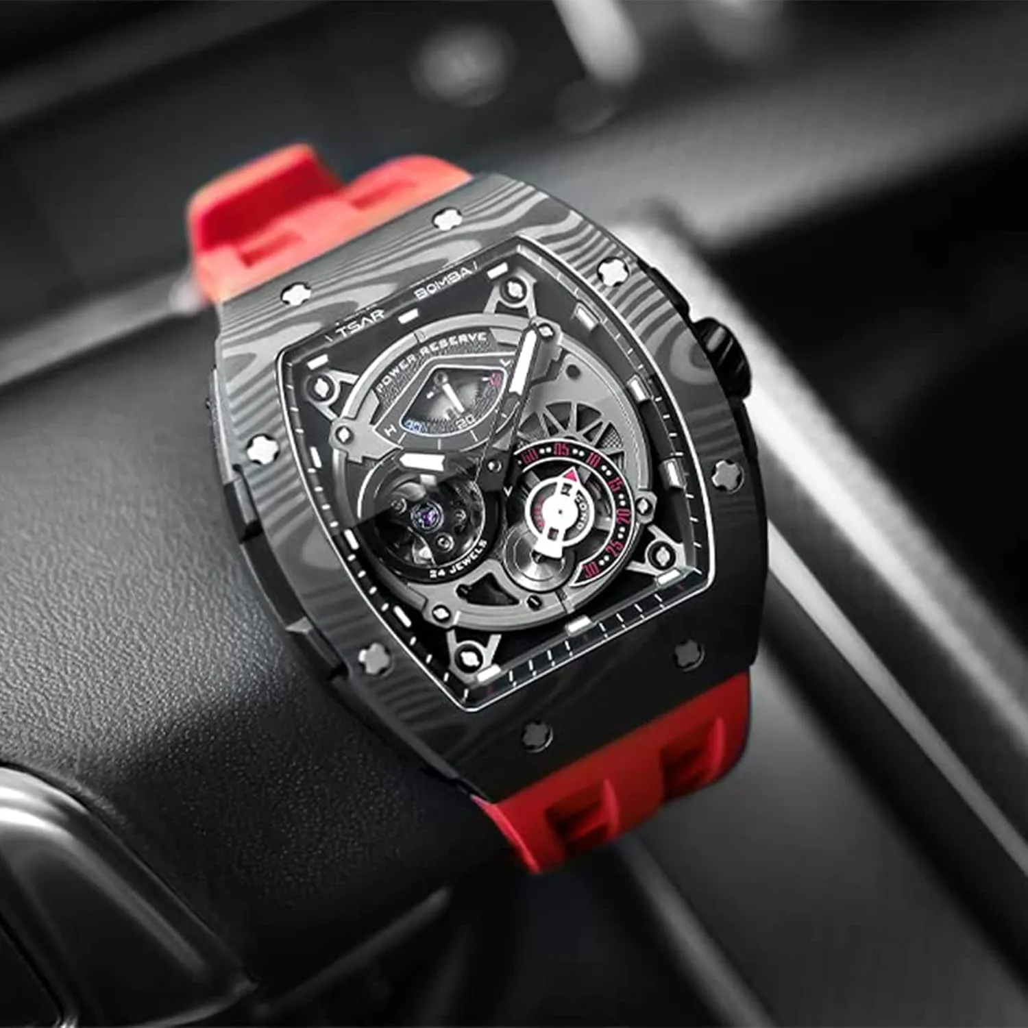 Wrist Watch Tonneau Watches Replica adaptive thus Gift Big Face Dial Cool Watch with Luminous Sapphire Crystal Case FKM Rubber Strap Watches for Men Automatic Mechanical Men's Analog Watch Skeleton 