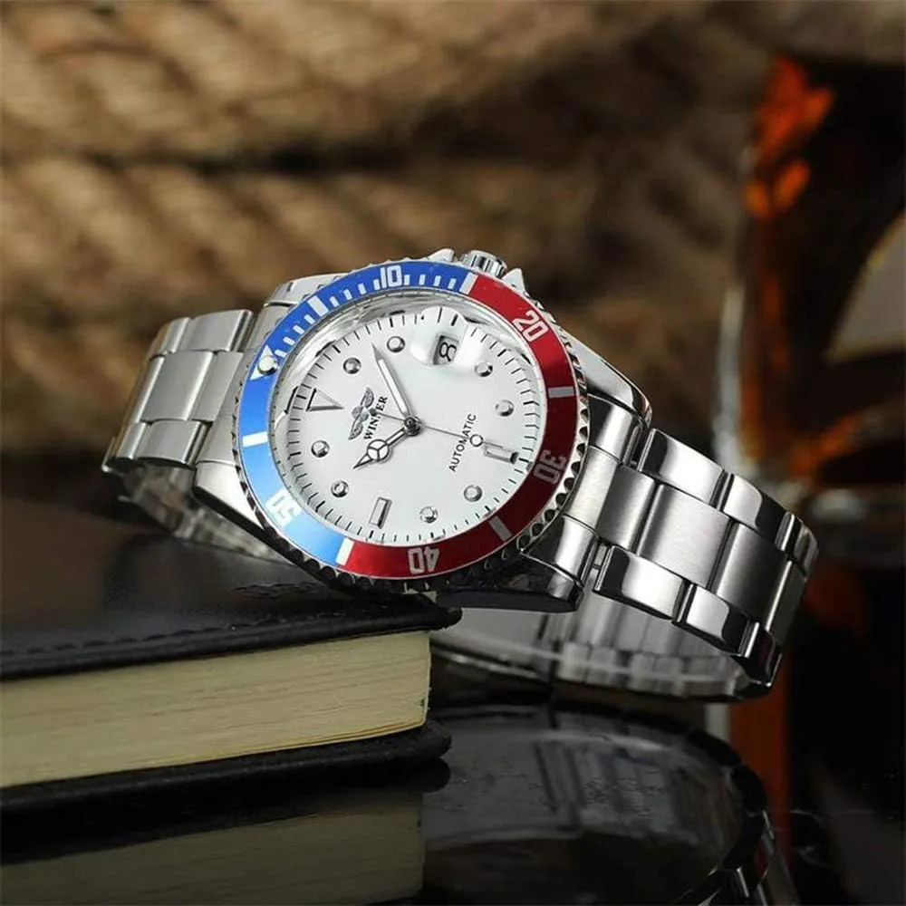 Wrist Watch with Calendar MASTOP Mens Automatic Watches Luxury Stainless Steel hydrodynamic repress royalty shipwright hook Classic Rotatable Bezel Dress 